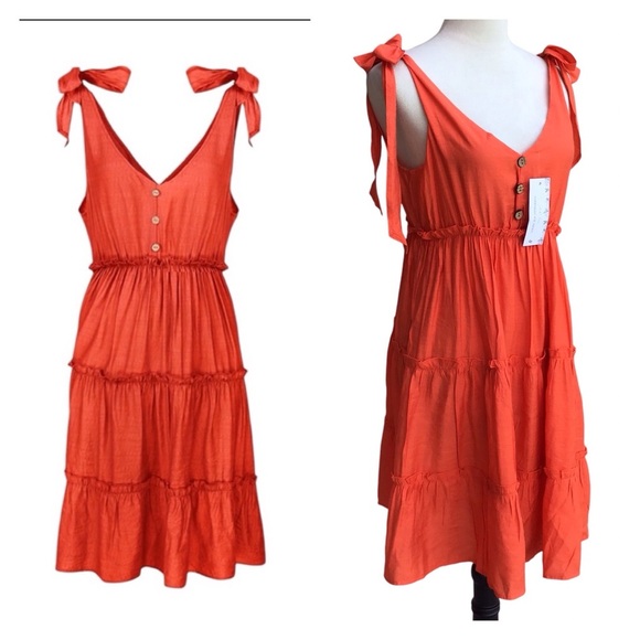 Goodnight Macaroon Orange Allyson Tied Strap Buttoned Flare Dress Size Small NEW - Picture 1 of 8
